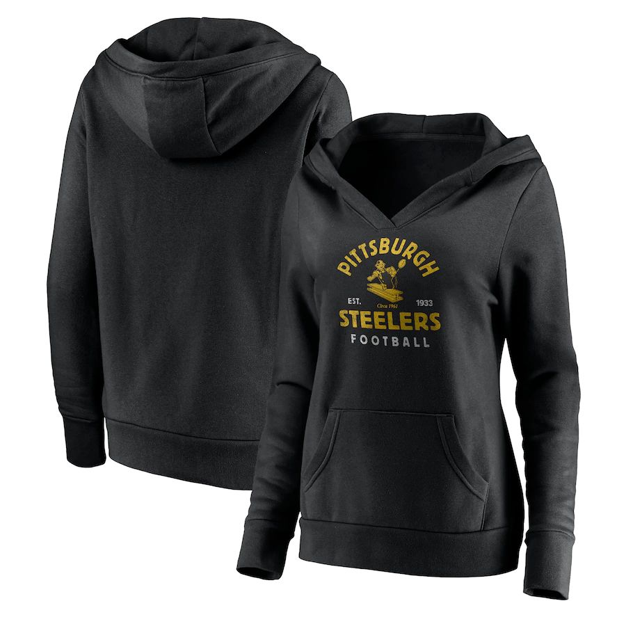 Women Pittsburgh Steelers Fanatics Branded Black Vintage Arch V-Neck Pullover Hoodie->women nfl jersey->Women Jersey